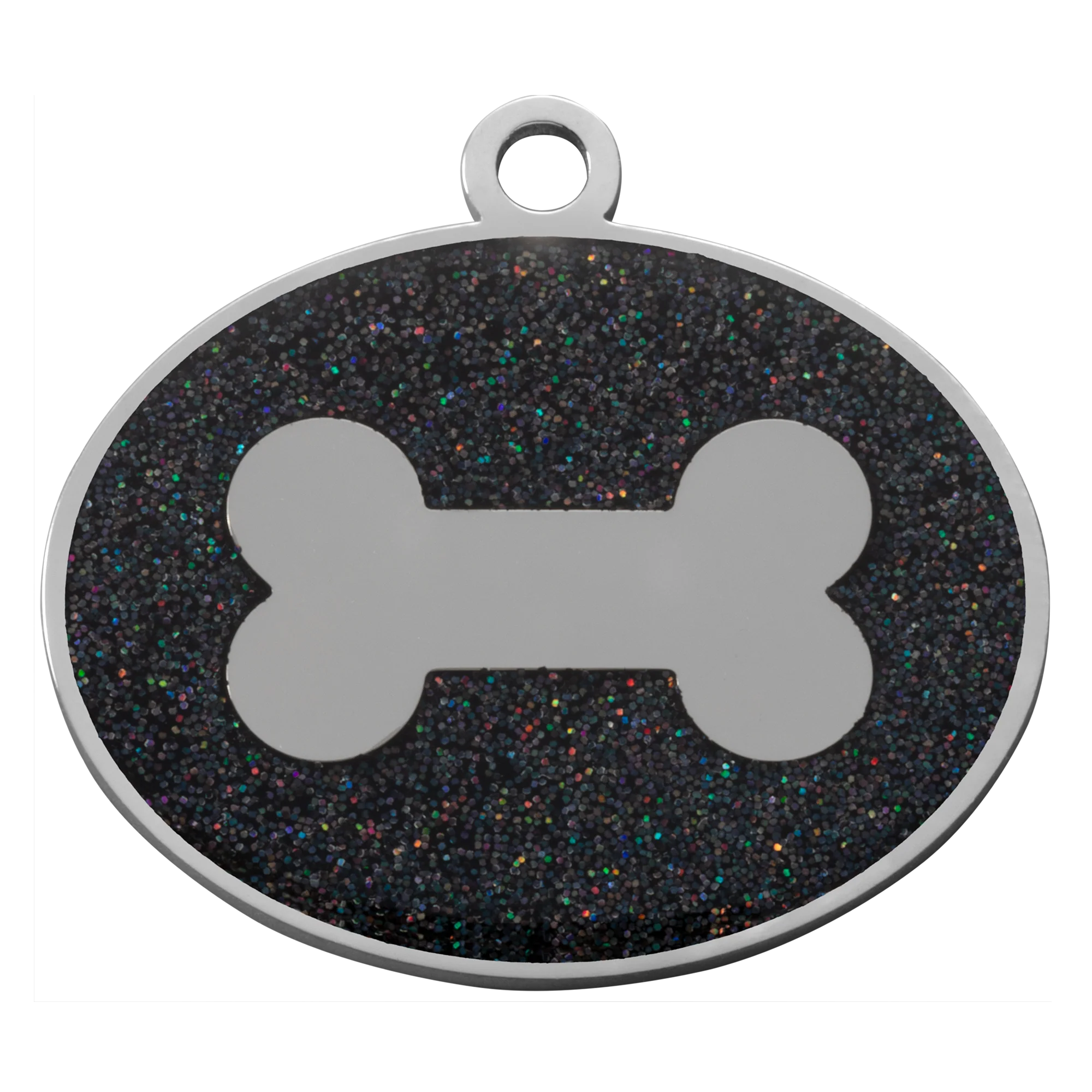Black Glitter Oval Bone Pet Tag