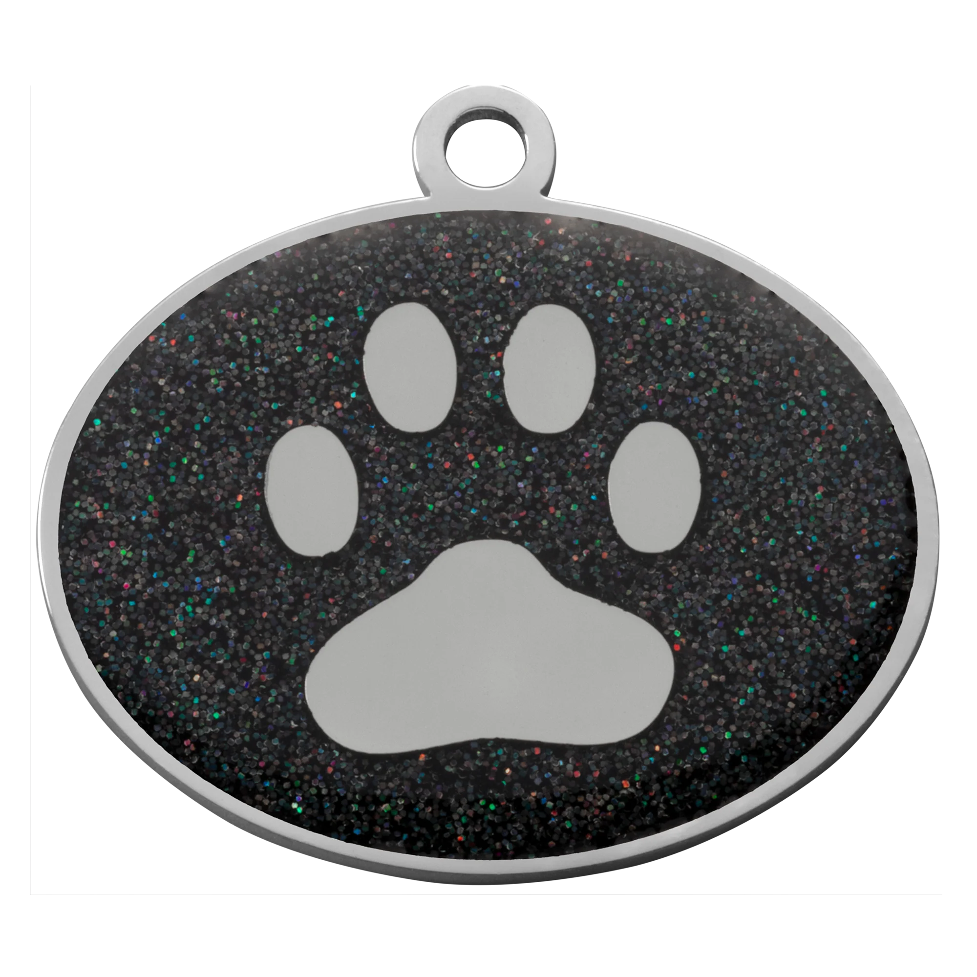 Black Glitter Oval Paw Pet Tag